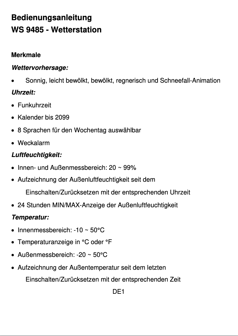 First page image of the manual for WS 9485