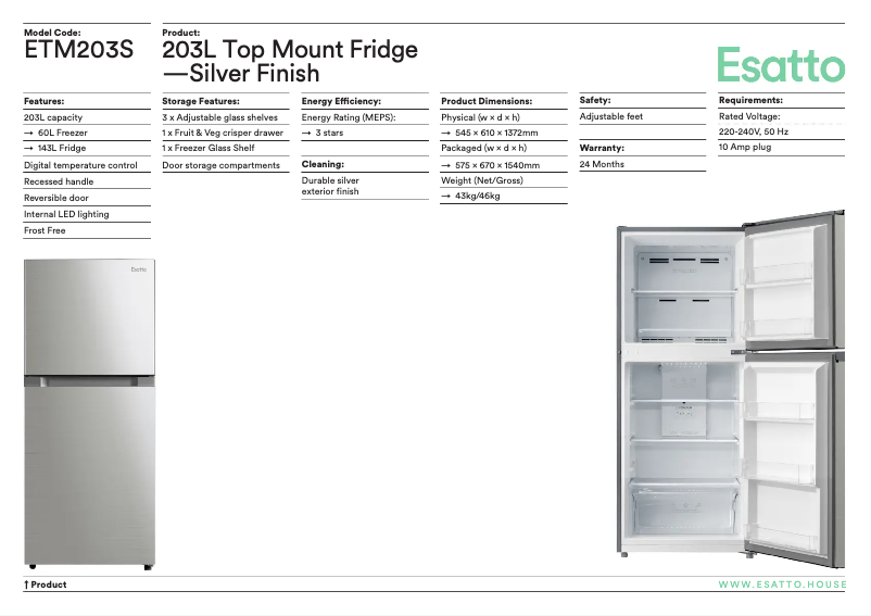 Page 1 of the manual Technical Sheet Esatto ETM203S