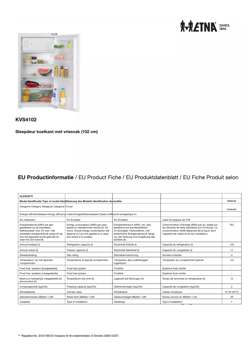 Page 1 of the manual Technical Sheet Etna KVS4102