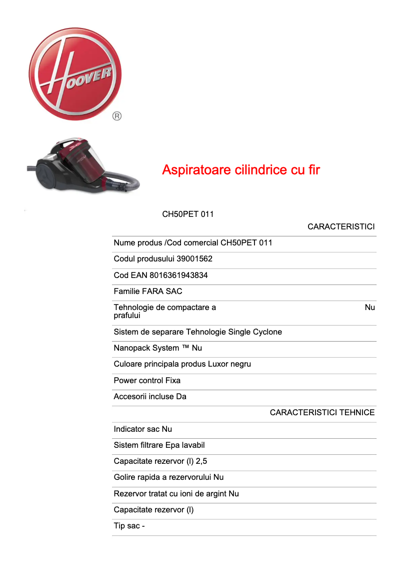Page 1 of the manual Technical Sheet Hoover CH50PET 011