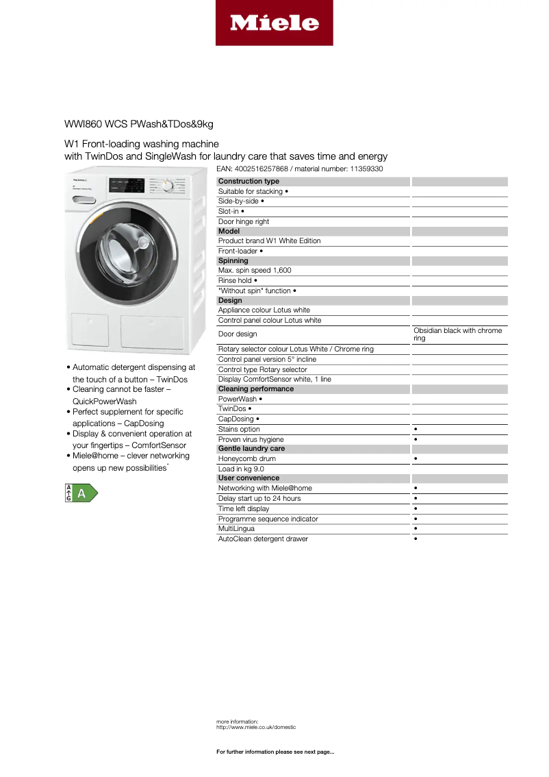 Page 1 of the manual Technical Sheet Miele WWI 860 WCS