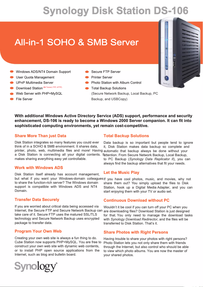 First page image of the manual for DiskStation DS-106