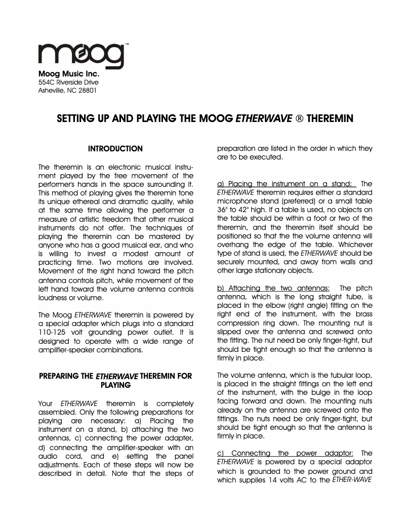Page 1 of the manual User Manual Moog Etherwave Theremin