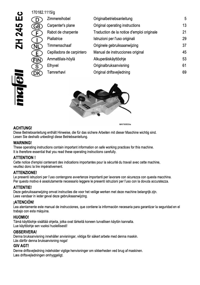 First page image of the manual for ZH 245 Ec