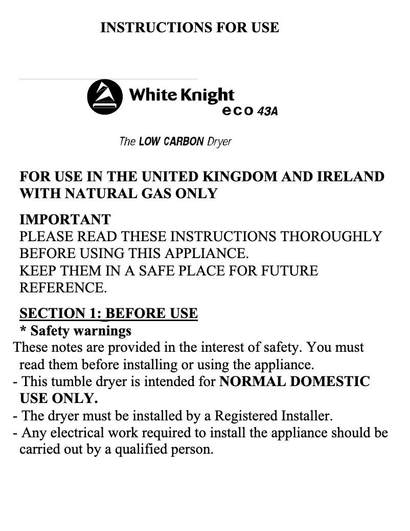 Page 1 of the manual User Manual White Knight ECO43A