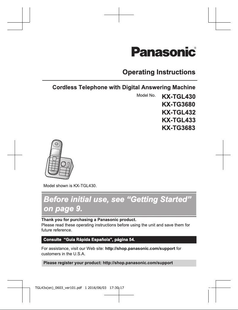 First page image of the manual for KX-TGL433