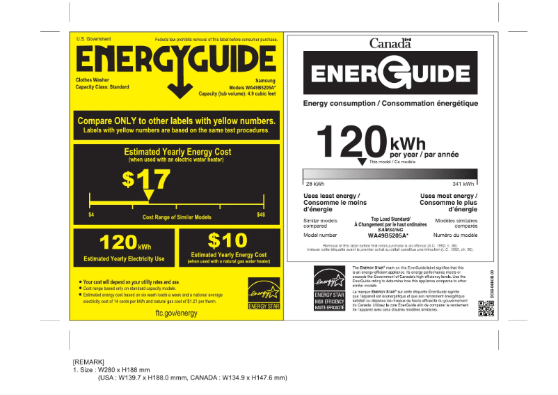 Page 1 of the manual Energy Label Samsung WA49B5205AW
