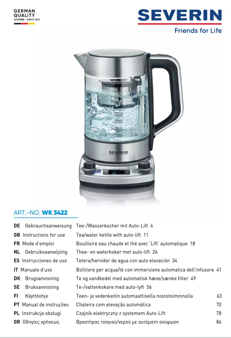 Page 1 of the manual Technical Sheet Severin WK 3422