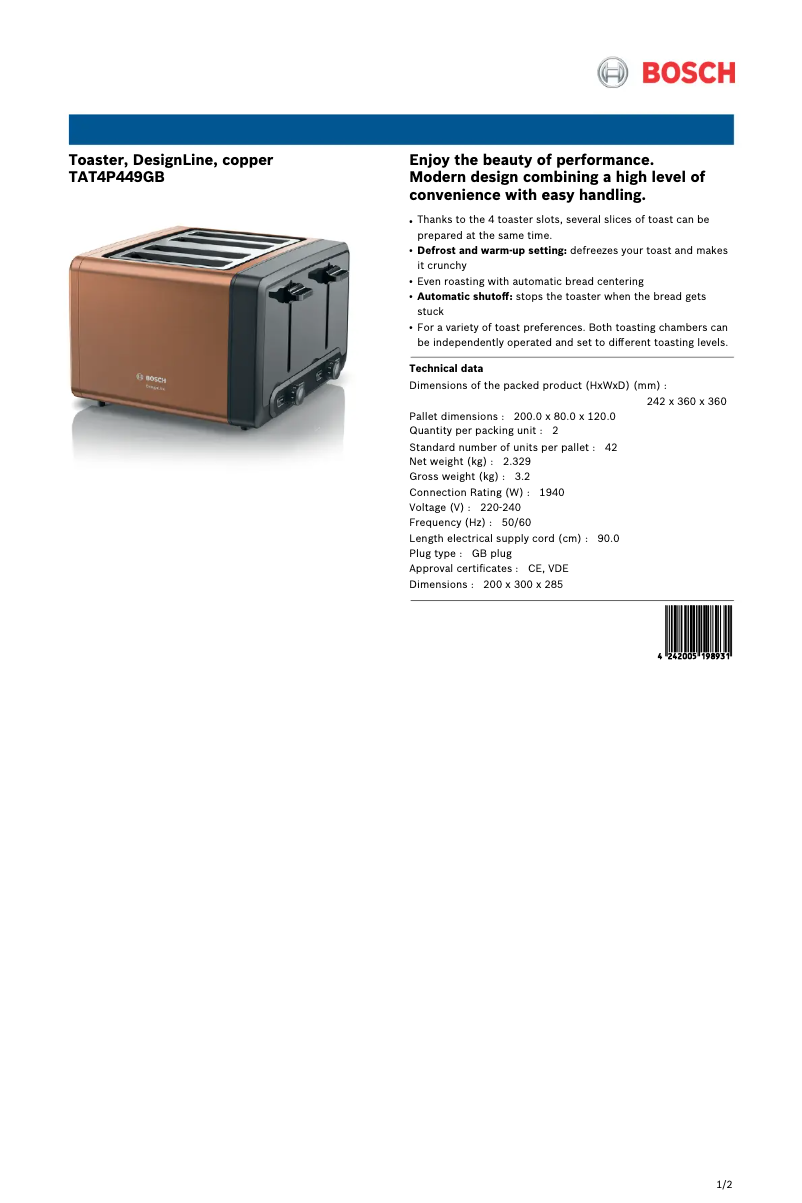 First page image of the manual for TAT4P449GB