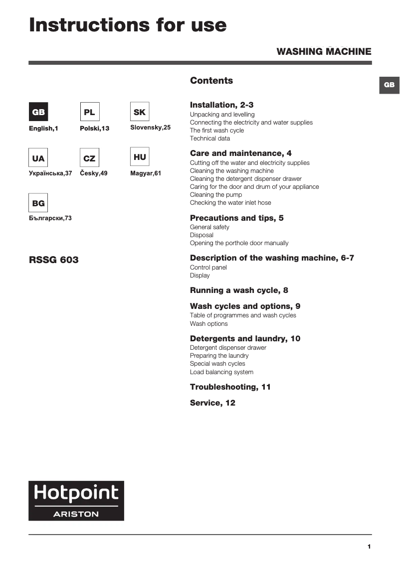 Page 1 of the manual User Manual Hotpoint Ariston RSSG 603 B EU