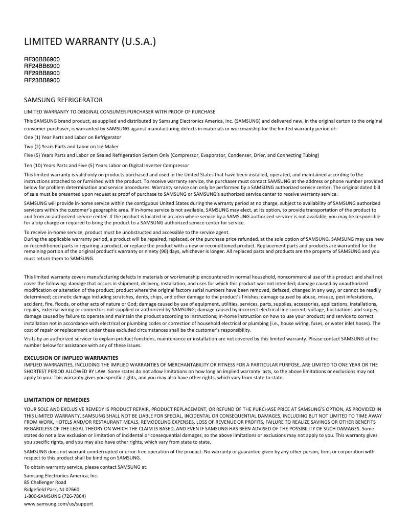 Page 1 of the manual Warranty Information Samsung RF30BB6900AC