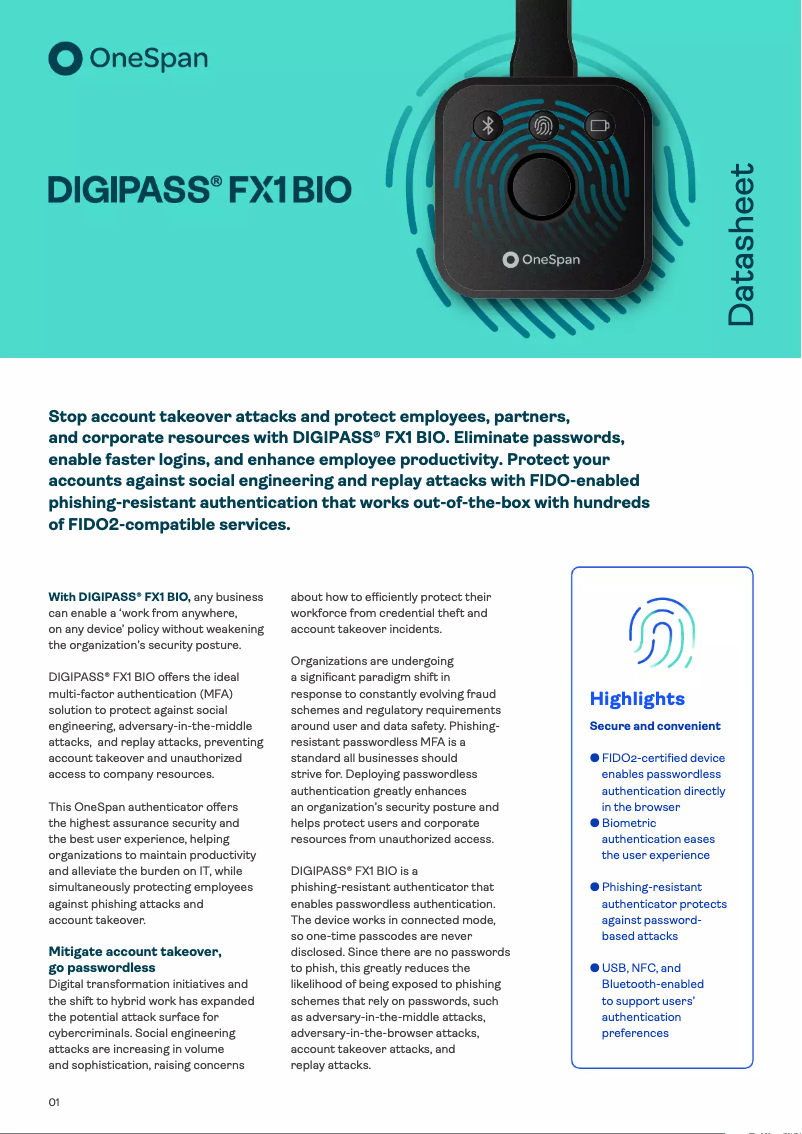 Page 1 of the manual Technical Sheet OneSpan DIGIPASS FX1 BIO