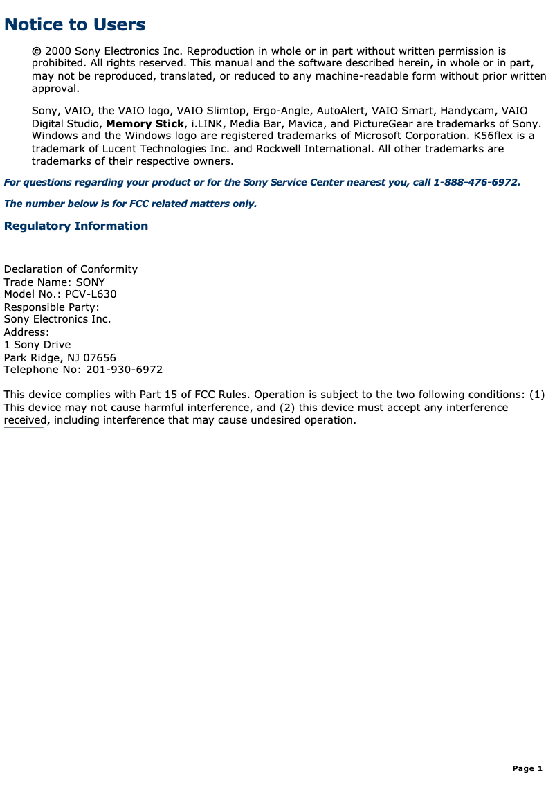 First page image of the manual for Vaio PCV-L630