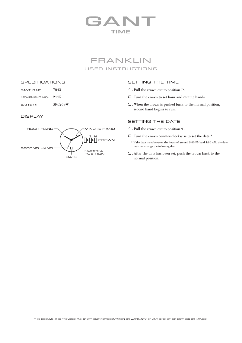 Page 1 of the manual User Manual Gant Franklin 7043