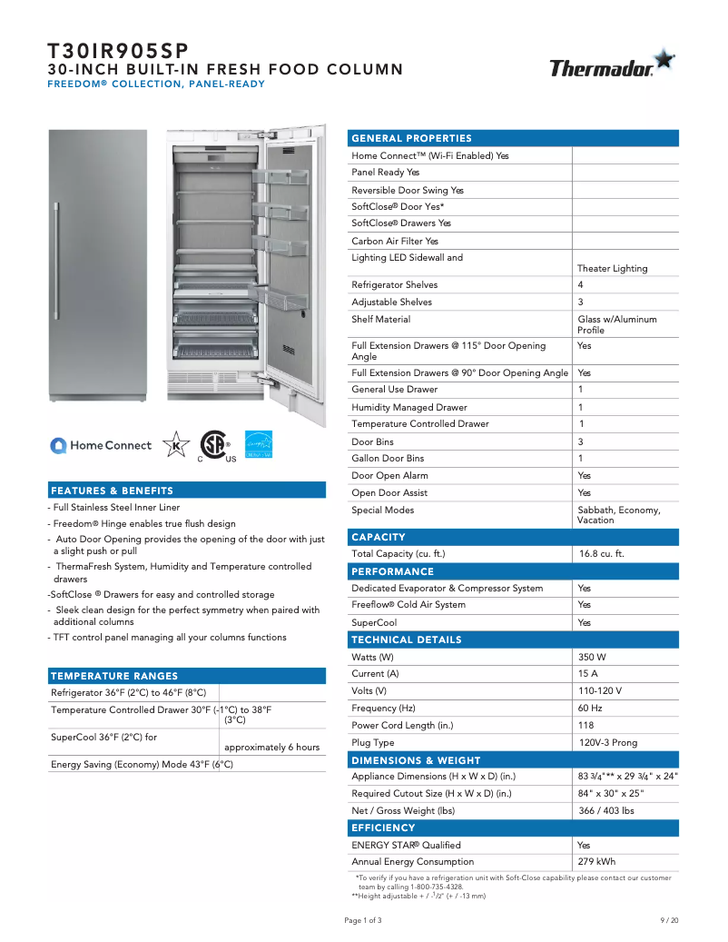 Page 1 of the manual Technical Sheet Thermador T30IR905SP