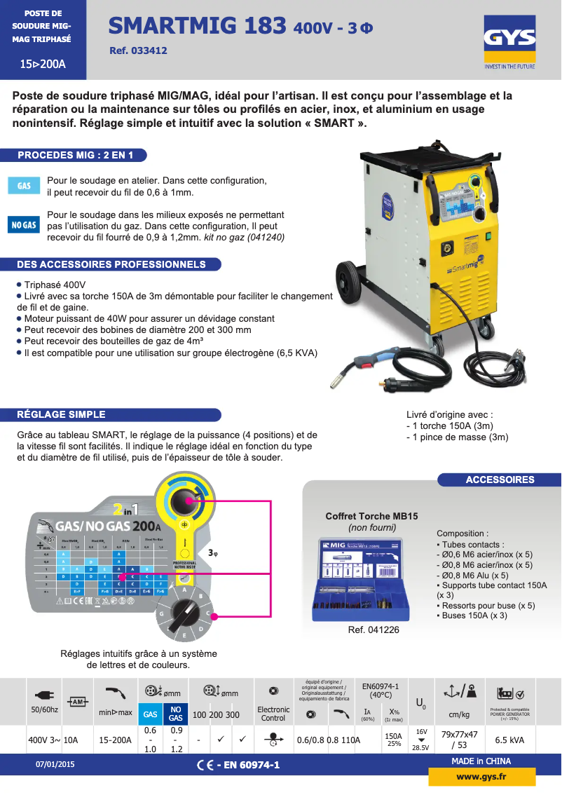 Page 1 of the manual Technical Sheet GYS Smartmig 183