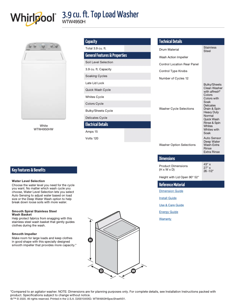 Page 1 of the manual Technical Sheet Whirlpool WTW4950HW