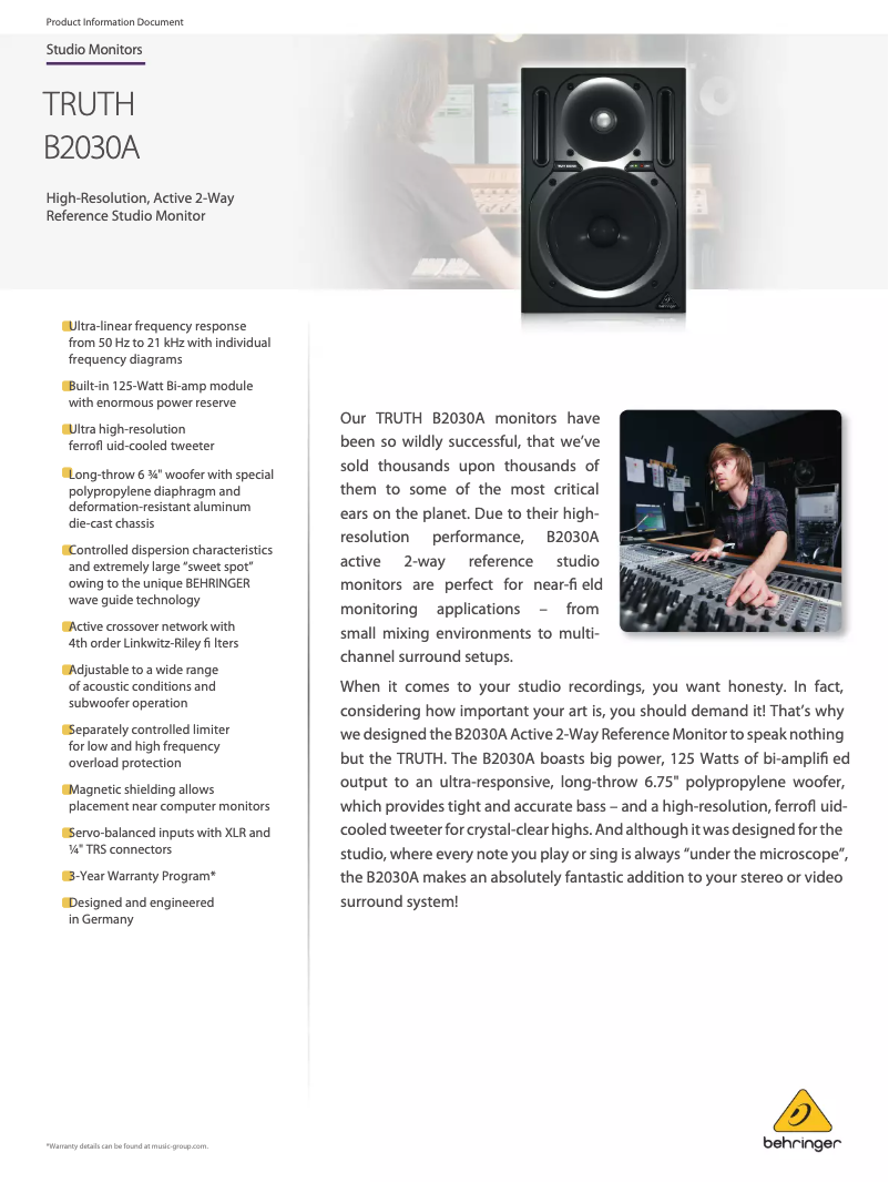 Page 1 de la notice Fiche technique Behringer TRUTH B2030A