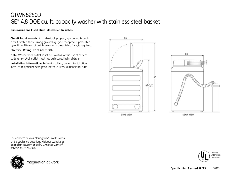 Page 1 of the manual Technical Sheet GE GTWN8250DWS