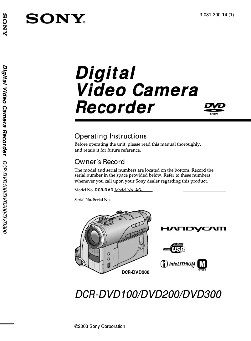 Page 1 of the manual User Manual Sony Handycam DCR-DVD300