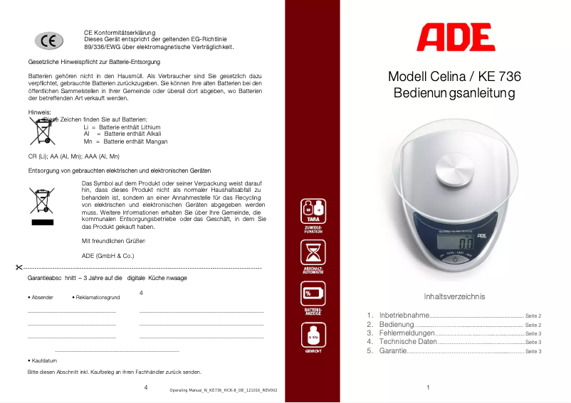 Image de la première page du manuel de l'appareil Celina KE 736