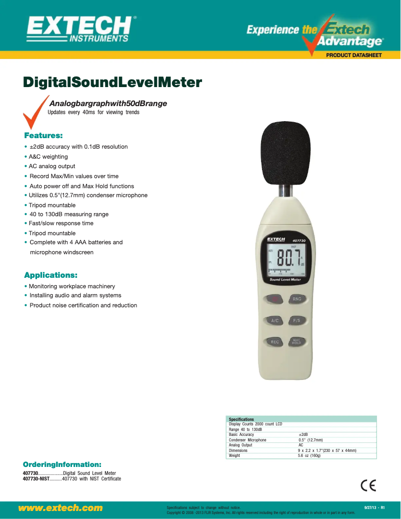 Page 1 of the manual Technical Sheet Extech 407730