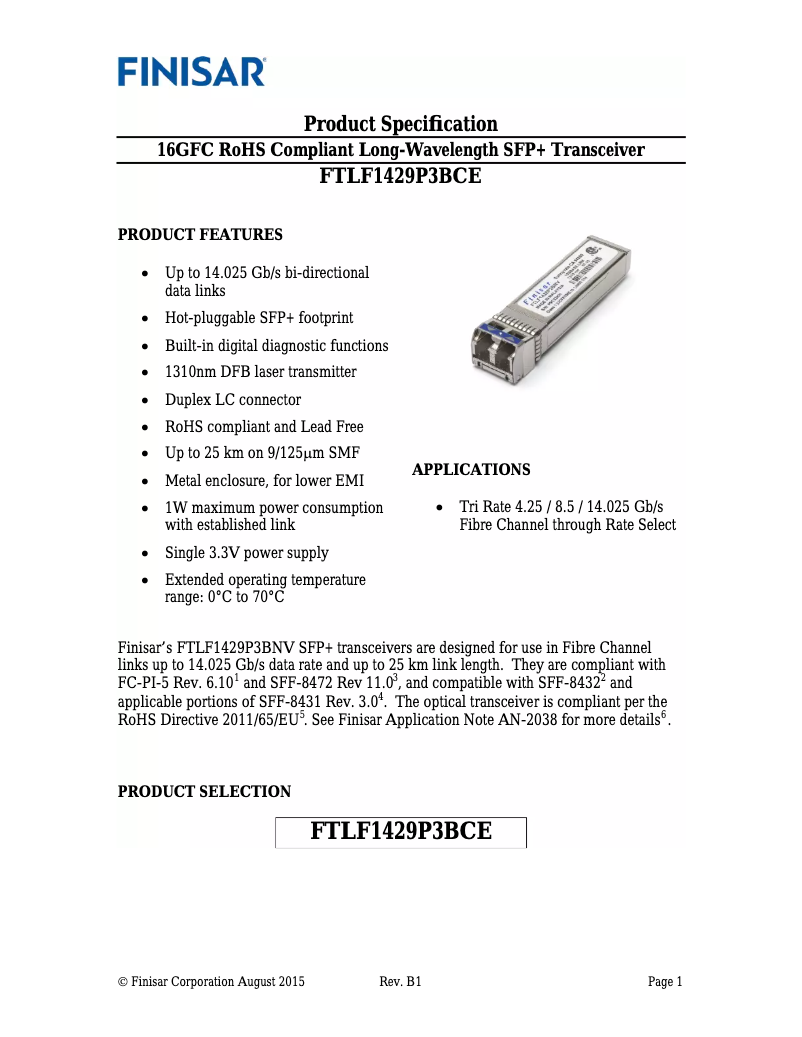 First page image of the manual for FTLF1429P3BCE