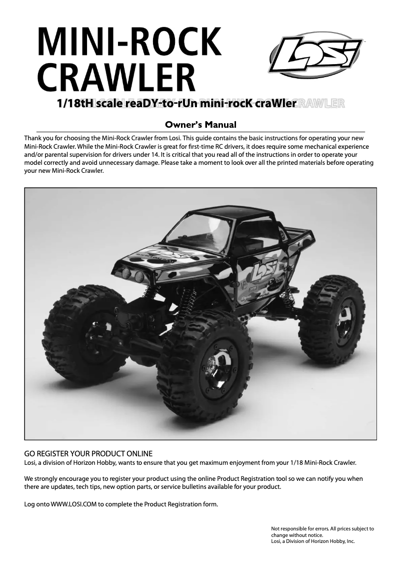 First page image of the manual for 1/18 Mini-Rock Crawler RTR
