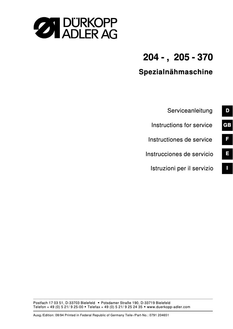 Page 1 of the manual User Manual Dürkopp Adler 204