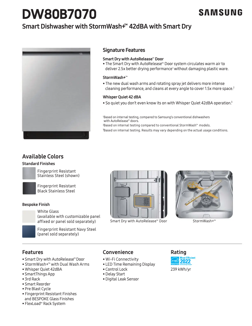 Page 1 of the manual Technical Sheet Samsung DW80BB707012AA