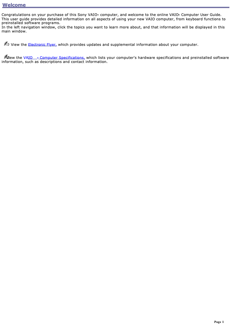 First page image of the manual for Vaio PCG-V505AC