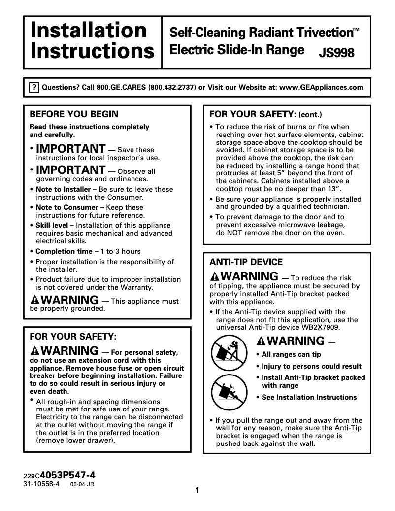 Page 1 of the manual Installation Guide GE Profile JS998SHSS