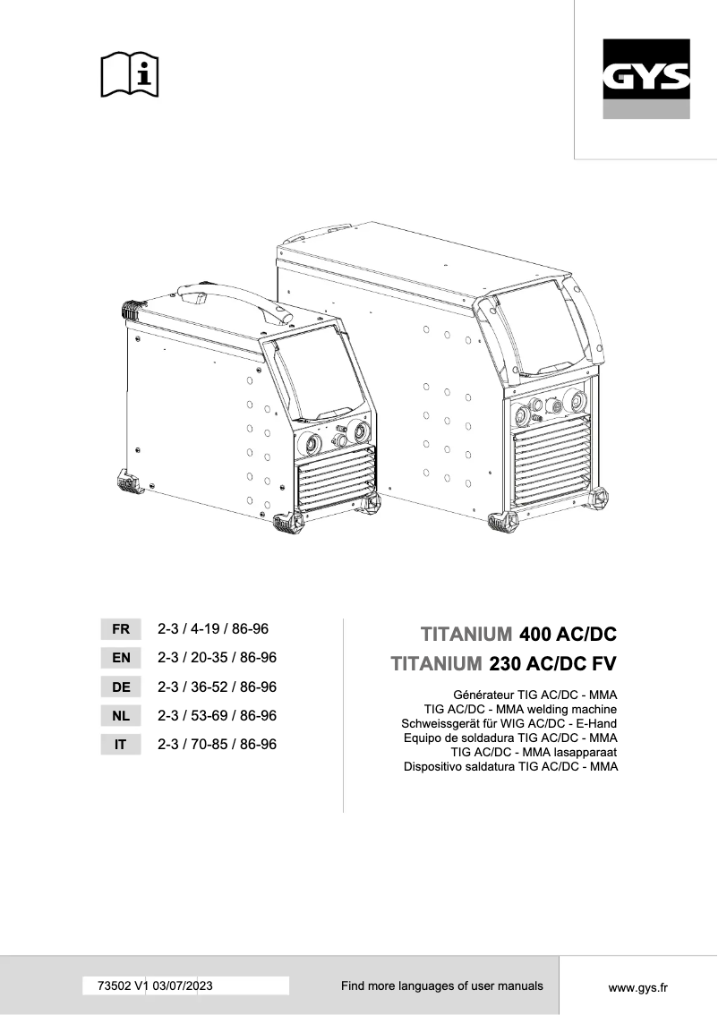 Page 1 of the manual User Manual GYS Titanium 230 AC/DC FV