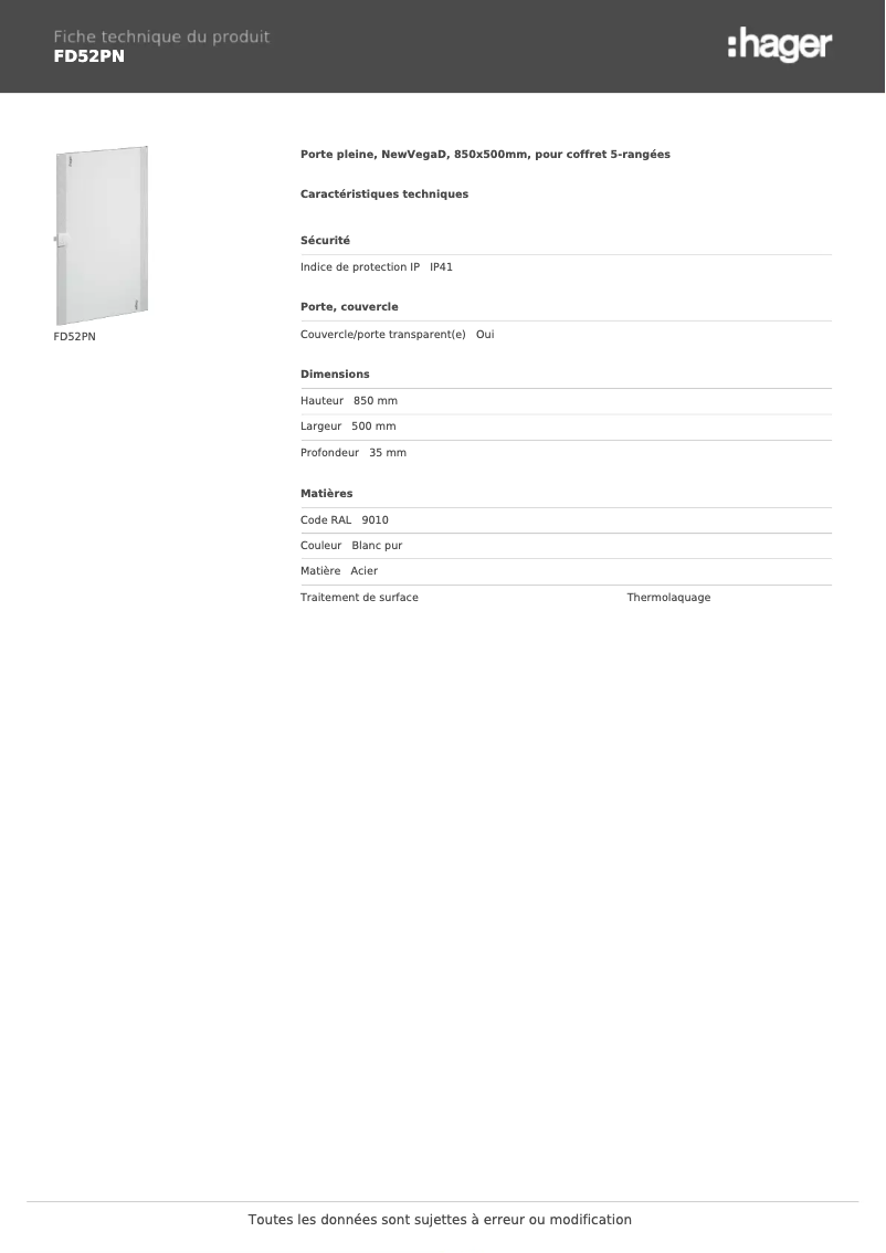 Page 1 of the manual Technical Sheet Hager FD52PN