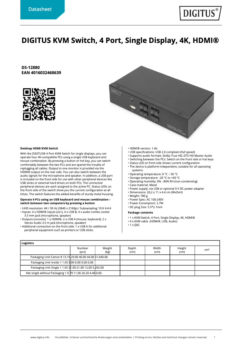Page 1 of the manual Technical Sheet Digitus DS-12880