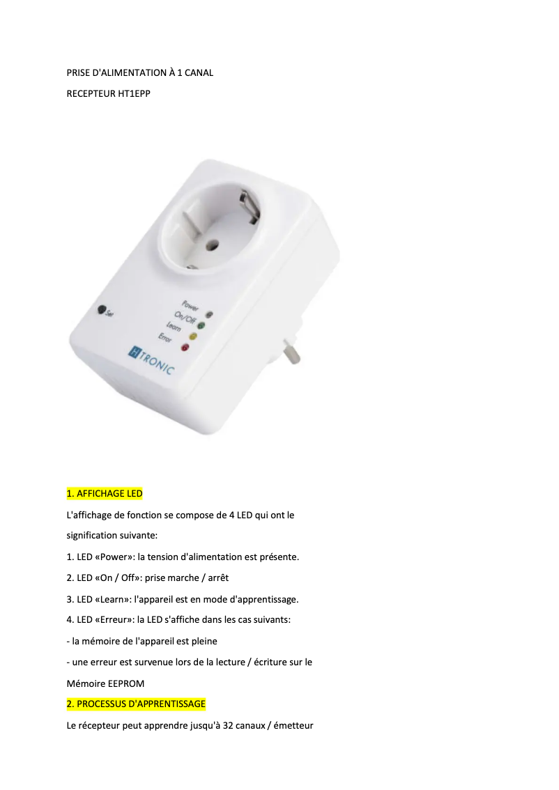 Page 1 of the manual User Manual H-Tronic HT1EPP