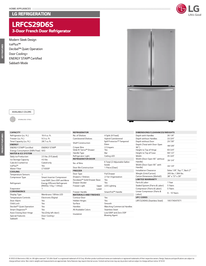 Page 1 of the manual Technical Sheet LG LRFCS29D6S