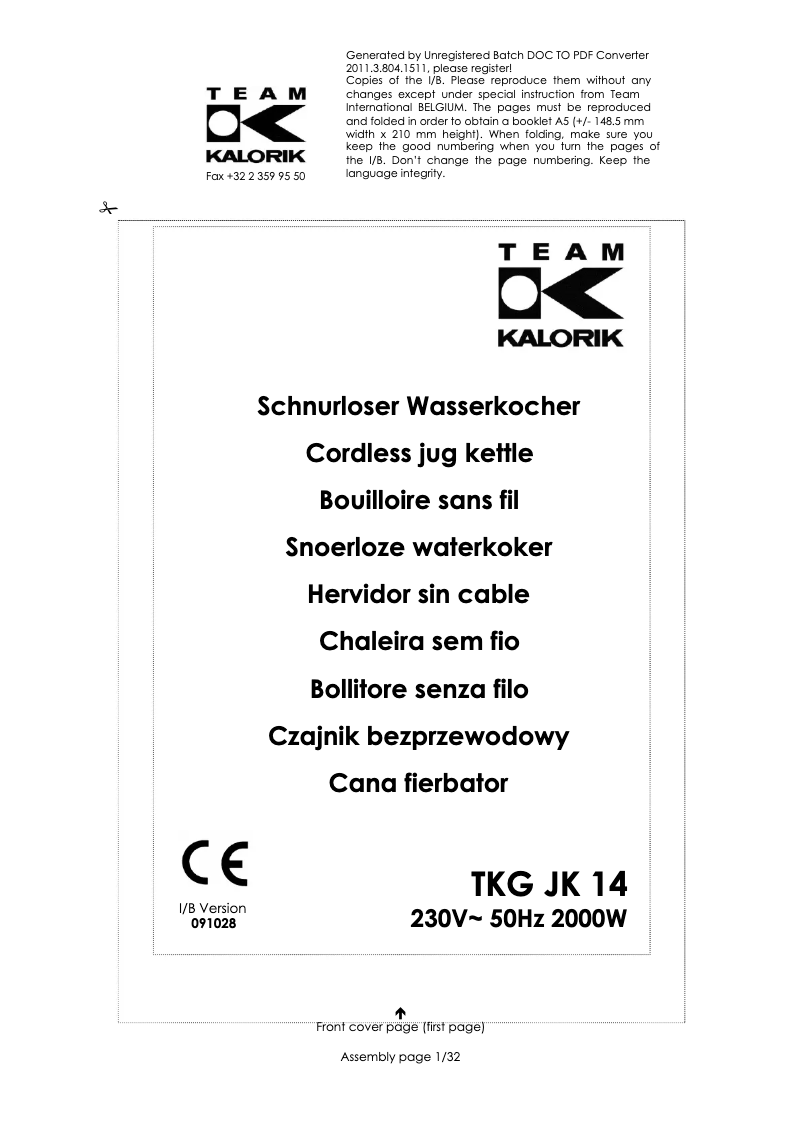 Page 1 of the manual User Manual Kalorik TKG JK 14