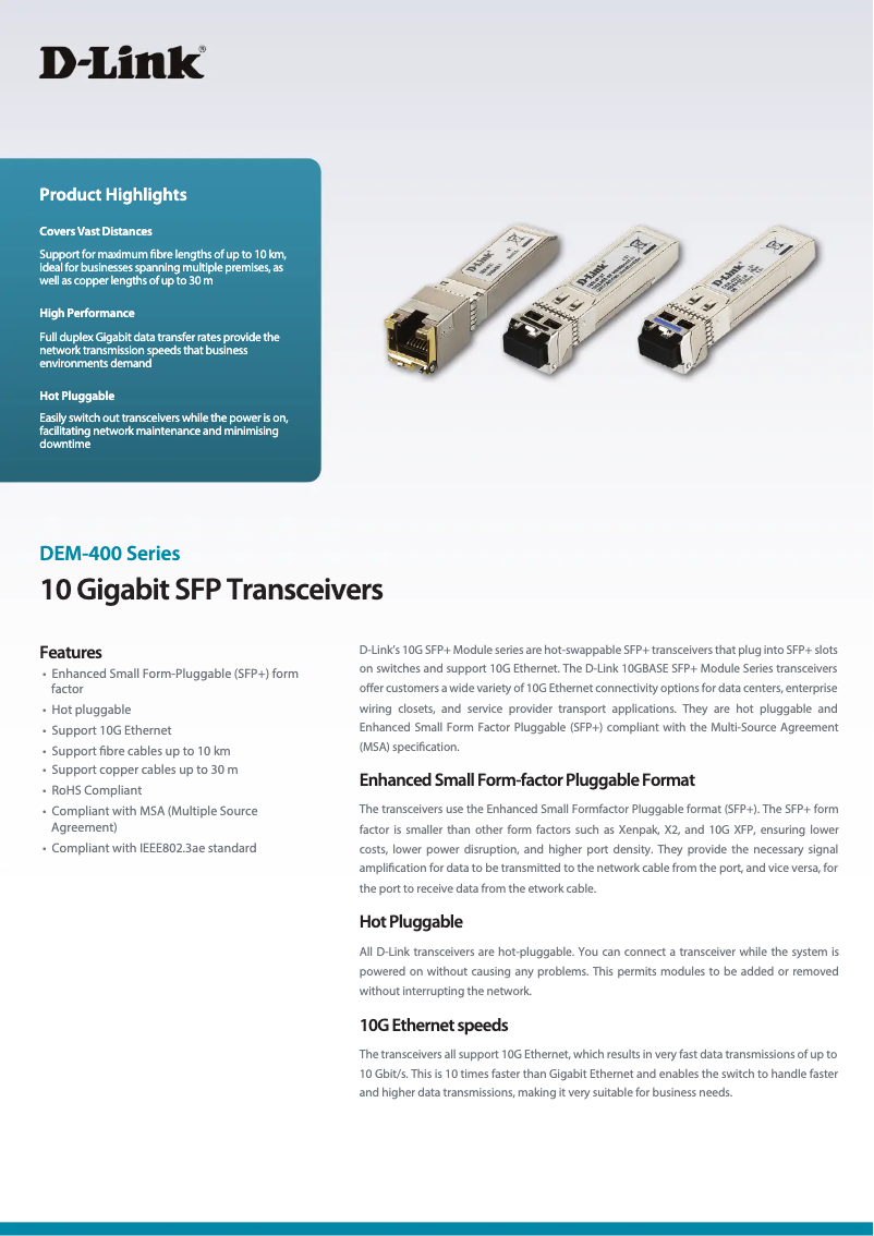 Page 1 of the manual Technical Sheet D-Link DEM-431XT