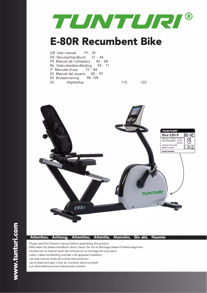 Page 1 of the manual User Manual Tunturi Endurance E80-R
