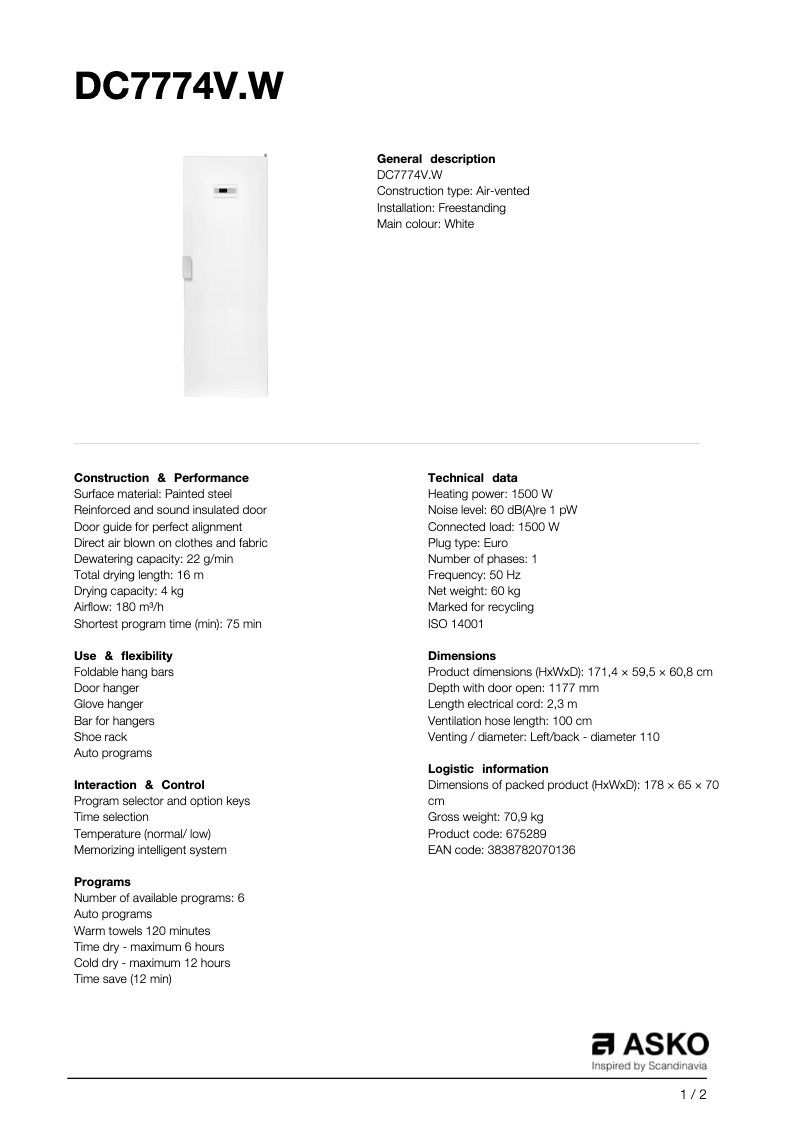 Page 1 of the manual Technical Sheet Asko DC7774V.W