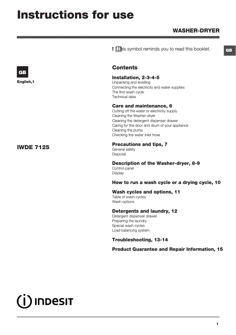 Page 1 of the manual Instructions / Assembly Indesit IWDE 7125 B (UK)