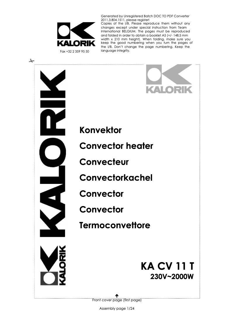 First page image of the manual for KA CV 11 T