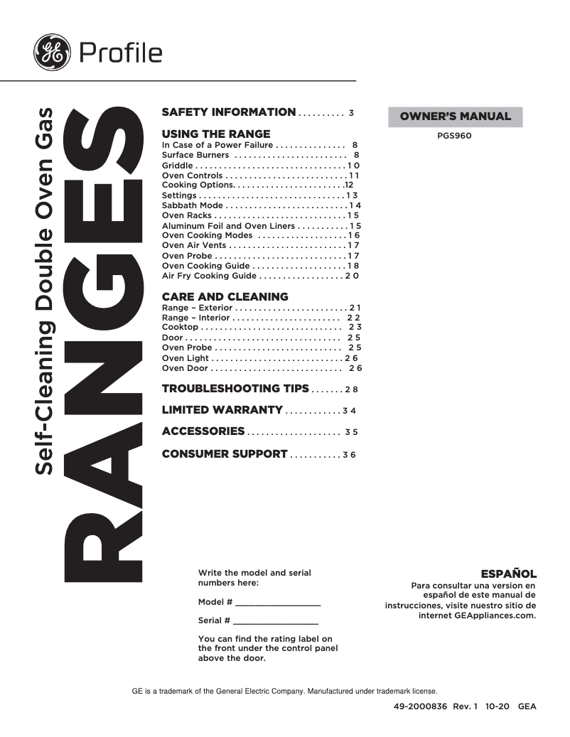 Page 1 of the manual Use and Maintenance Manual GE PGS960BELTS