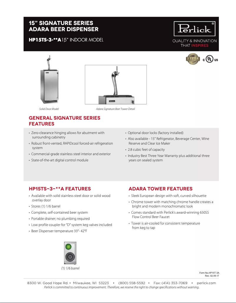 Page 1 of the manual Technical Sheet Perlick Signature Series HP15TS-3-2RA