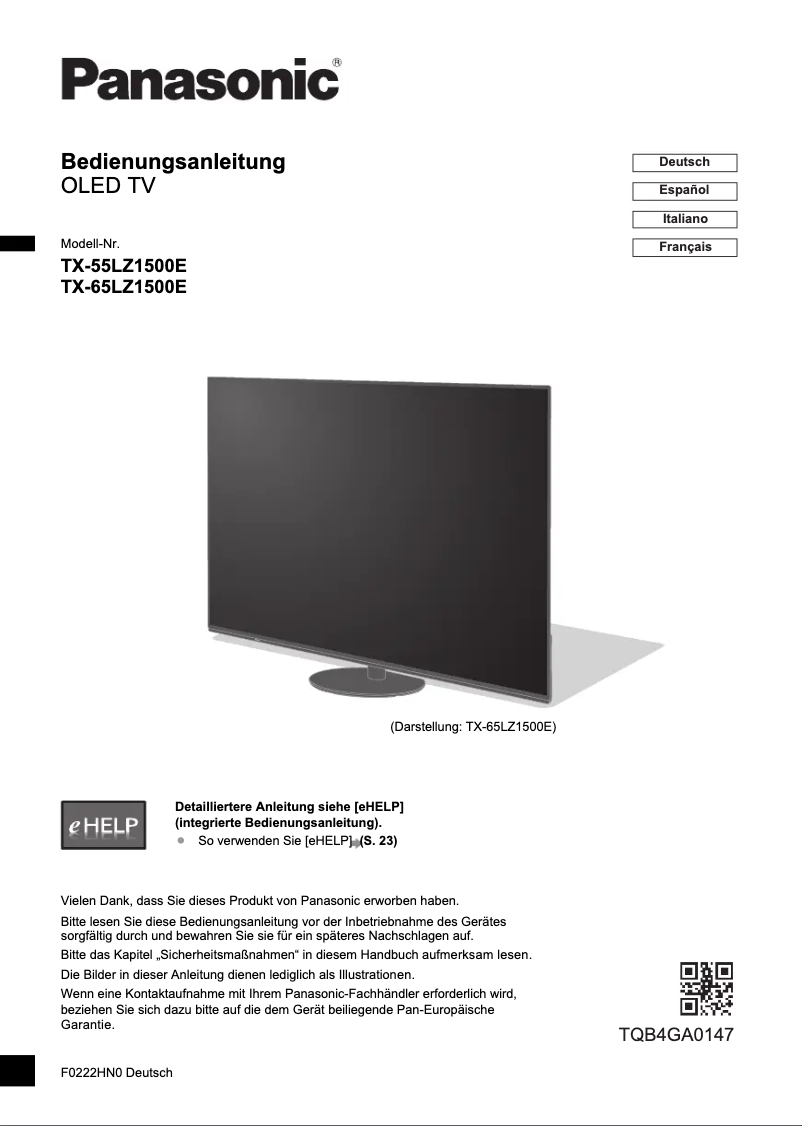 Page 1 of the manual Quick Start Guide Panasonic TX-65LZ1500E