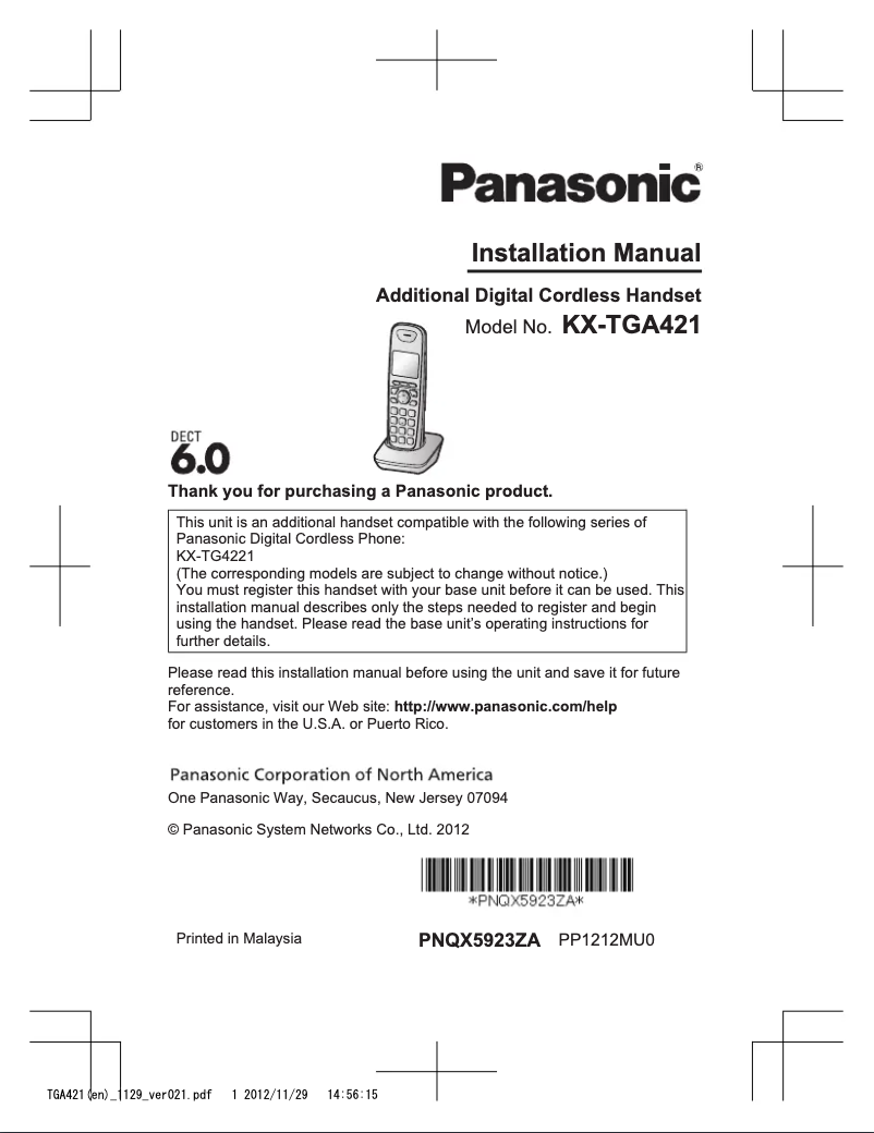 Page 1 of the manual User Manual Panasonic KX-TGA421