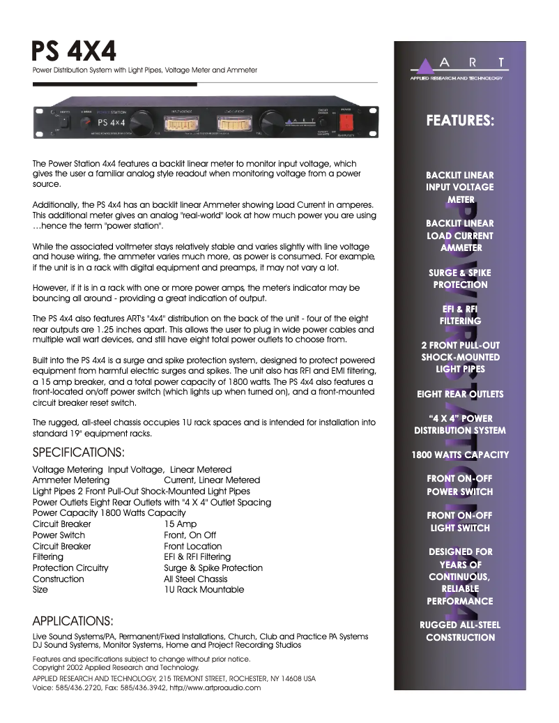 Page 1 of the manual Technical Sheet ART PS4x4
