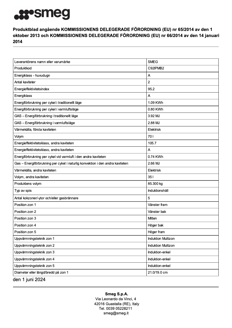 Page 1 of the manual Technical Sheet Smeg C92IPMB2