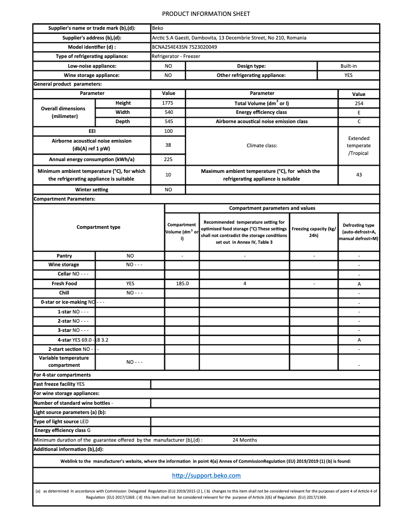 Page 1 of the manual Technical Sheet Beko BCNA254E43SN